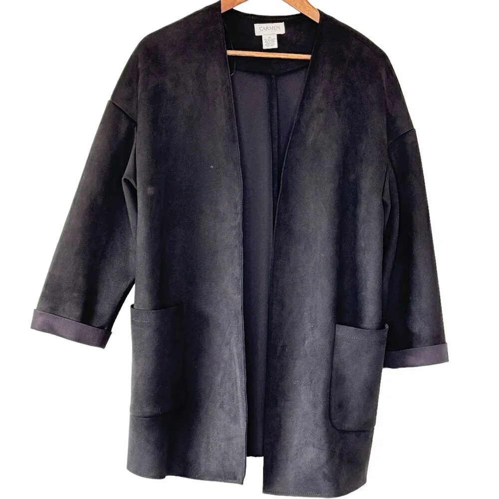 Women's Carmen Marc Valvo Stretch Faux Suede Jacket Lagenlook Black 2 Pockets  M